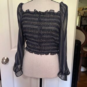 Blush Off Shoulder Shirred blouse, Navy Blue with Stripes Stretchy, size L